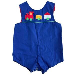 Vintage Baby Train Appliqué Romper Jon Jon Bubble Blue Outfit 3-6 Months